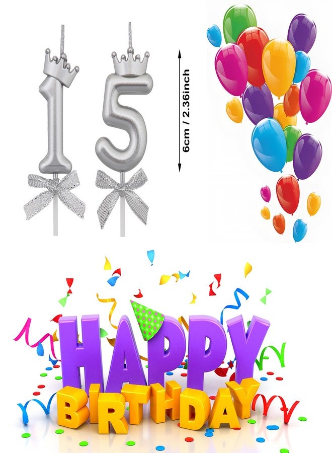 VSHILI 15 Birthday Candles, 15th Cake Candles, Silver Happy Birthday Number 15 Candles Cake Topper Decorations for Party Kids Boys Girls - Image 2